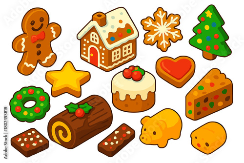 Sweet Holiday Treats. Isometric vector illustration set sweet treats collection: gingerbread man, gingerbread house, sugar