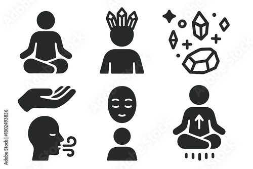 Guided Crystal Meditation Icons. Solid style icons of guided crystal meditation: Seated Figure, Crystal Crown, Grounding Stone,
