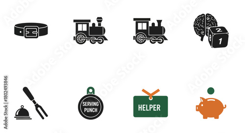 Silhouette icon set of train, brain dice, and various tools