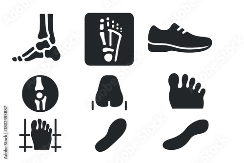 Foot Scanning Icons. Solid style icons of foot scanning imagery: Skeleton Foot, X-ray View, Shoe Outline, Bone Detail, Heel