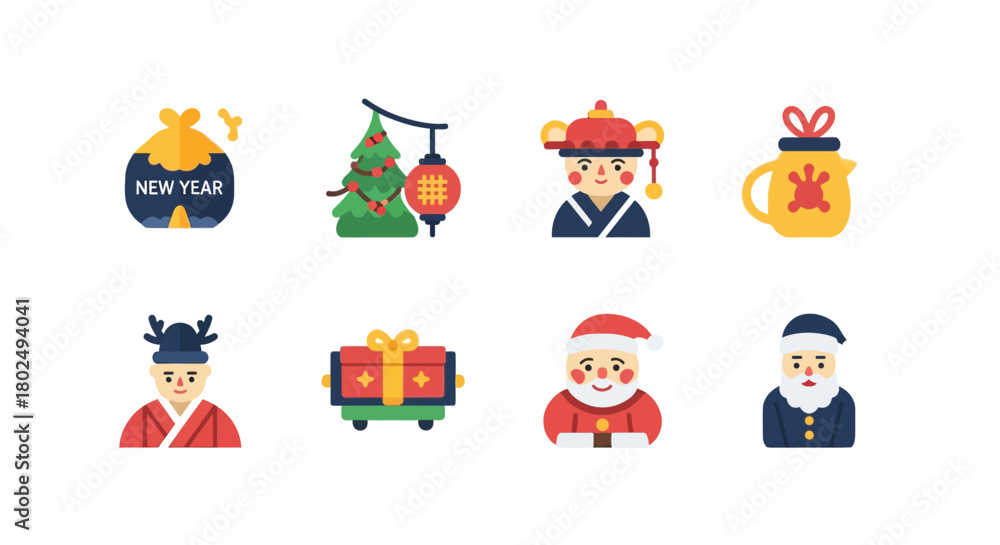Naklejka premium Flat style new year and christmas icons featuring santa, gifts, and decorations