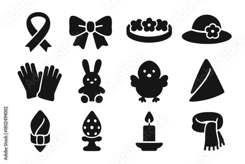 Easter Accessories Icons. Solid style icons of Easter accessories: ribbon, bow, flower crown, hat, gloves, small toy, chick plush,
