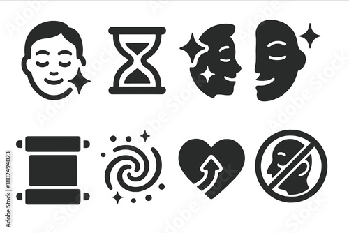 Elixir Marketing Icons. Solid style icons of elixir marketing and promises: Glowing Face, Hourglass Symbol, Rejuvenation Sparkle,