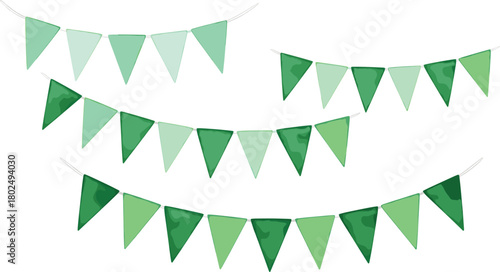 Green Bunting Banner Vector Set, Triangular Flags for Party, Celebration, and Decoration.