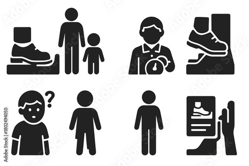 Customer Interaction Icons. Solid style icons of customer interaction: Child Foot in Machine, Parent Nearby, Clerk Adjusting Dial,