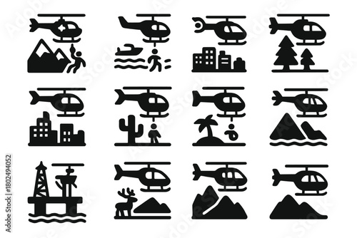 Adventure Travel Icons. Solid style icons of Adventure and travel: mountain rescue, coastal patrol, desert survey, forest