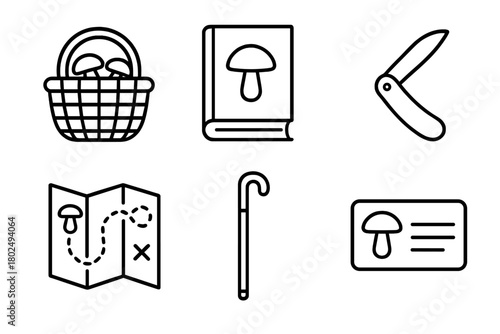 Mushroom Foraging Essentials. Line style icons of Mushroom Foraging Basics: mushroom basket, field guide book, folding knife,