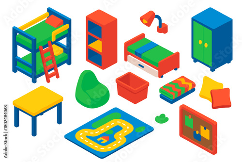 Colorful Bedroom Elements. Isometric vector illustration set bedroom elements collection: bunk bed with ladder, pull-out trundle,
