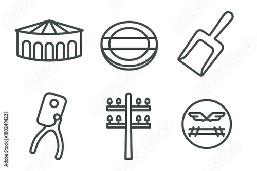 Railway Heritage Icons. Line style icons of Railway Heritage Icons: roundhouse garage, turntable, train coal shovel, ticket punch