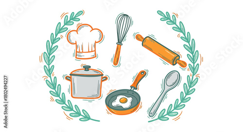 Hand-drawn culinary utensils with chef hat and laurel wreath