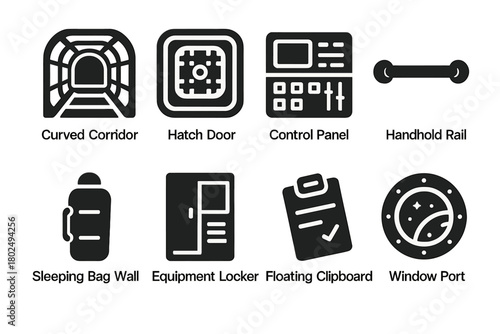 Space Station Interior Icons. Solid style icons of space station interior: Curved Corridor, Hatch Door, Control Panel, Handhold