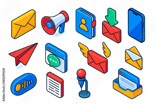 Communication Icons Set. Isometric vector illustration set Communication Essentials: envelope, megaphone, contact book, smartphone