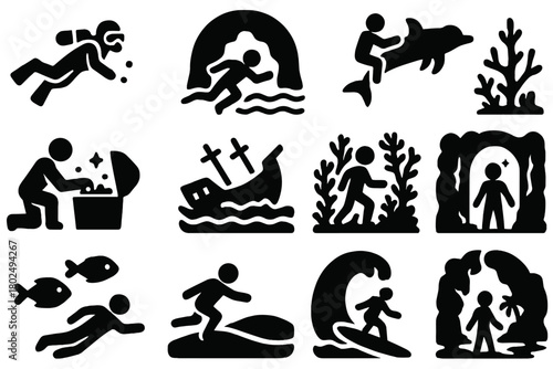 Underwater Adventure Icons. Solid style icons of Adventure and exploration: diving, swimming through cave, riding dolphin,