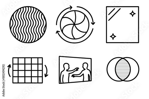Optical Kinetic Icons. Line style icons of Optical Kinetic Art: moiré pattern disc, rotating visual illusion, spinning contrast