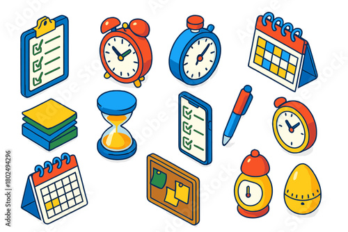 Productivity Icons Collection. Isometric vector illustration set productivity with checkmark and alarm: completed checklist board,