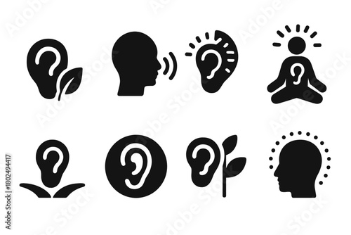 Listening Awareness Icons. Solid style icons of listening and awareness: Ear with Leaf, Human Silhouette Listening, Conscious