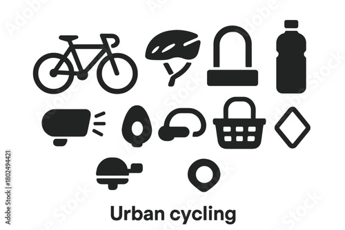 Urban Cycling Essentials. Solid style icons of Urban Cycling: Bicycle, Helmet, Lock, Water Bottle, Lights, Basket, Bell, Reflector