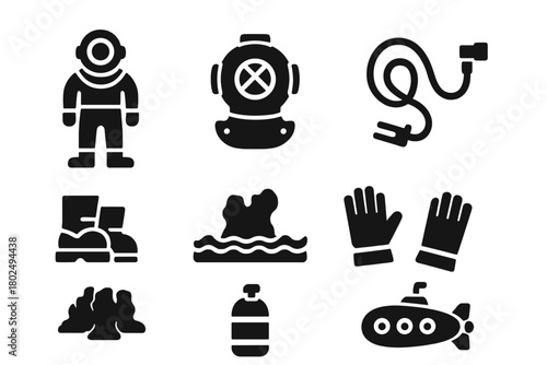 Retro Diving Gear Icons. Solid style icons of Retro Deep Sea Gear: Vintage Diving Suit, Helmet, Air Hose, Weighted Boots, Deep Sea