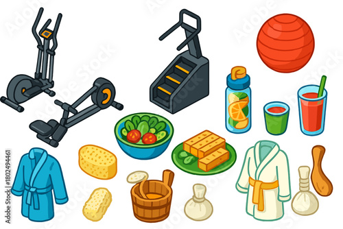 Healthy Lifestyle Icons. Isometric vector illustration set Healthy Lifestyle: elliptical machine, rowing erg, stair climber, gym