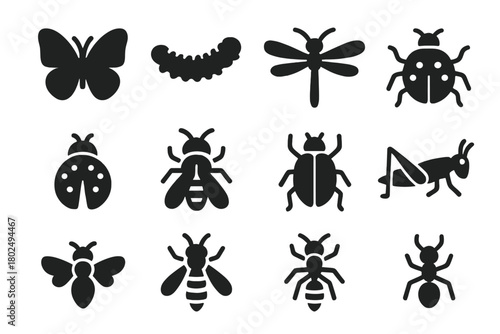 Solid Insect Icons. Solid style icons of Butterflies and insects: butterfly, caterpillar, moth, dragonfly, ladybug, bee, beetle,