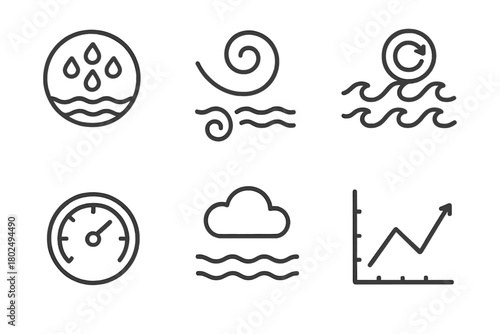 Weather Impact Icons. Line style icons of Weather Impact Icons at Depth: surface storm marker, underwater current swirl, wave