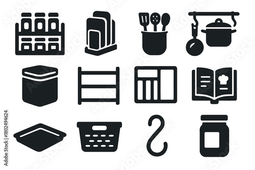 Kitchen Organization Icons. Solid style icons of Kitchen organization: spice rack, cutting board holder, utensil jar, pot rack,