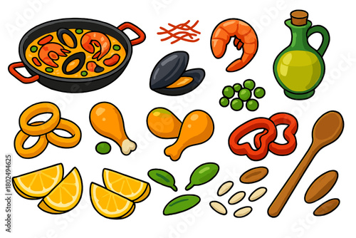 Paella Ingredients Illustration. Isometric vector illustration set cooking themes: paella pan, saffron threads, shrimp, mussels,