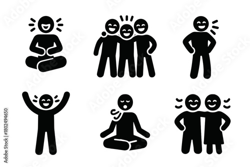 Laughter Yoga Icons. Solid style icons of Group Joy Exercise: Laughter Yoga, Group, Fake Laughter, Joy, Health, Exercise, Breath,