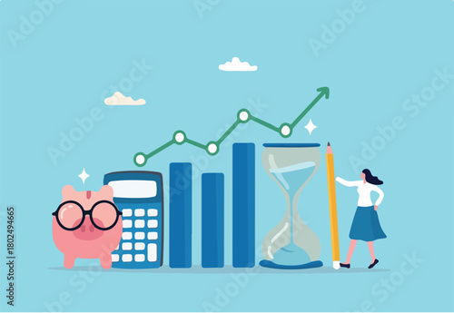 Financial planning, investment or wealth management, savings money or income and salary, budgeting plan for spending, debt and tax concept, woman planning for her savings with piggy bank growth chart.