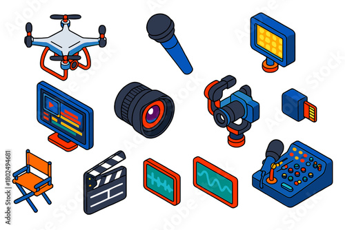 Media Creation Tools. Isometric vector illustration set Media Creation and Publishing: drone camera, handheld mic, on-camera light