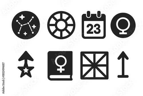 Horoscope Reading Icons. Solid style icons of horoscope reading tools: Star Chart, Natal Wheel, Birth Date Marker, Planet Glyph,