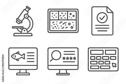 Post-Expedition Icons. Line style icons of Post-Expedition Analysis: lab microscope, sediment sort tray, report document icon,