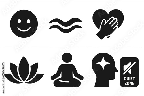 Anxiety Relief Icons. Solid style icons of anxiety relief symbols: Smiling Face, Soothing Wave, Hand Over Heart, Slow Pulse, Inner