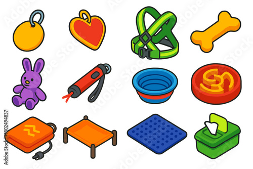 Pet Lover Icons. Isometric vector illustration set designs for dog and cat lovers: pet ID tag, heart-shaped collar charm,