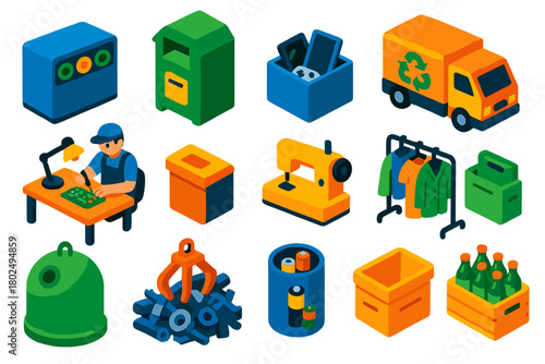 Sustainable Recycling Icons. Isometric vector illustration set recycling, sustainability, and minimalist design for a greener
