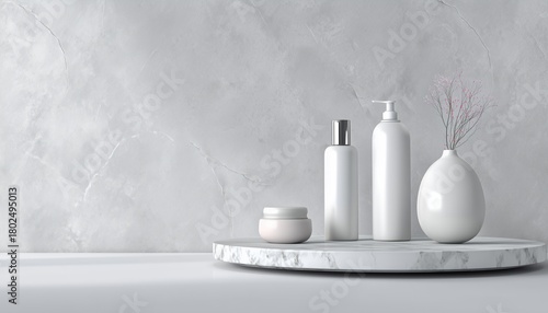 Light Grey Plaster Wall And Marble Table: Ideal Setting For Showcasing Cosmetic Products. Perfect Backdrop For Highlighting Beauty And Skincare Items.