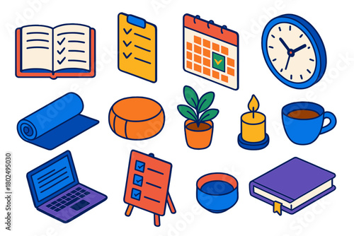 Mindful Productivity Icons. Isometric vector illustration set Productivity and Mindfulness: planner notebook, to-do list, calendar