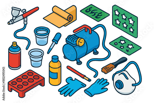 Vibrant Art Tools. Isometric vector illustration set design and editing tools: airbrush, compressor, masking film, stencils, spray