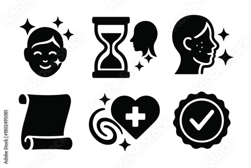 Elixir Marketing Icons. Solid style icons of elixir marketing and promises: Glowing Face, Hourglass Symbol, Rejuvenation Sparkle,