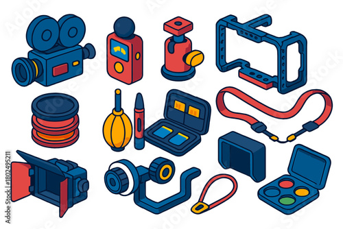 Film Gear Icons. Isometric vector illustration set design and editing tools: film camera, light meter, tripod head, camera cage,