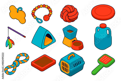 Pet Lover Icons. Isometric vector illustration set designs for dog and cat lovers: personalized name tag, beaded leash, rope knot