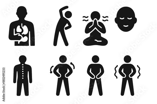 Qigong Health Icons. Solid style icons of Qigong for health: Organ Focus, Gentle Stretch, Healing Breath, Calm Face, Spine