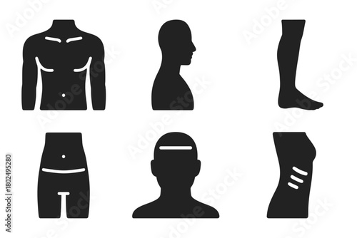 Body Canvas Icons. Solid style icons of body canvas areas: Chest Outline, Upper Arm, Face Side, Lower Leg, Abdomen Panel, Back