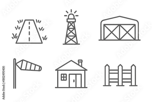 Historic Airfield Icons. Line style icons of Historic Airfields: grass airstrip, beacon tower, hangar doors, wind direction cone,