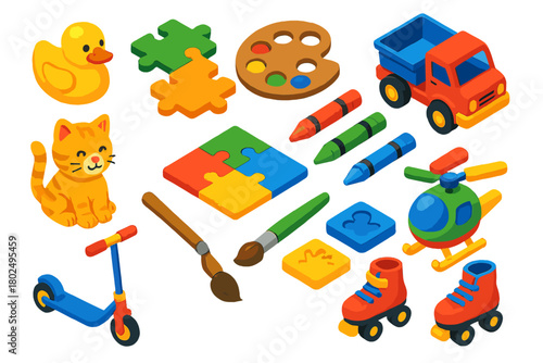 Creative Kids Playtime. Isometric vector illustration set Creative Kids and Play: toy animals, puzzle pieces, paint palette, toy