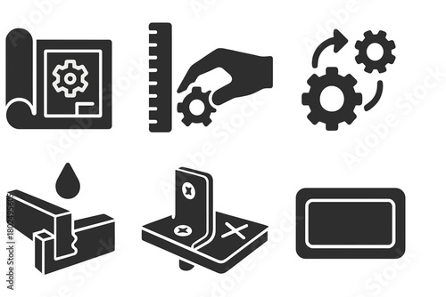 Solid Construction Icons. Solid style icons of machine setup and construction: Blueprint Scroll, Measuring Stick, Hand Adjusting