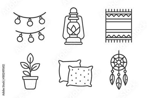 Stylish Glamping Icons. Line style icons of Stylish Glamping Decor: fairy lights, vintage lantern, area rug, potted plant, cozy