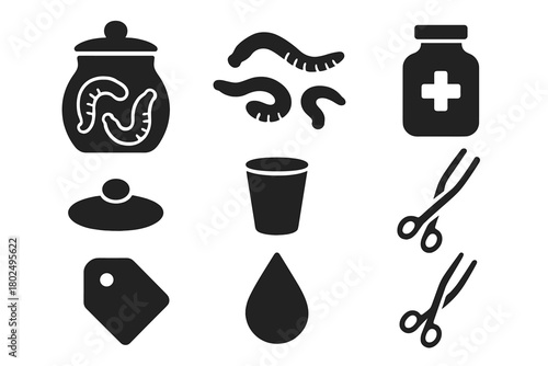 Historical Bloodletting Icons. Solid style icons of Historical Bloodletting Tools: Leech Jar, Leeches, Glass, Medicine, Lid,