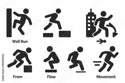 Parkour Icons. Solid style icons of Parkour: Wall Run, Precision Jump, Urban Environment, Flow, Vault, Landing, Agility, Movement,