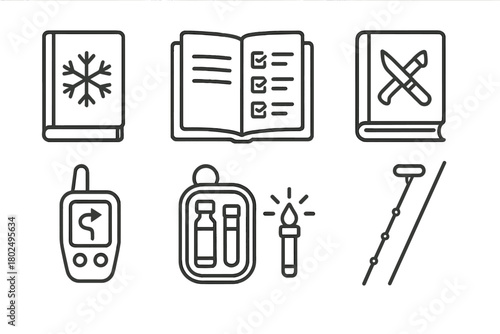 Arctic Survival Tools Icons. Line style icons of Arctic Survival Training Tools: cold resistance manual, emergency checklist,